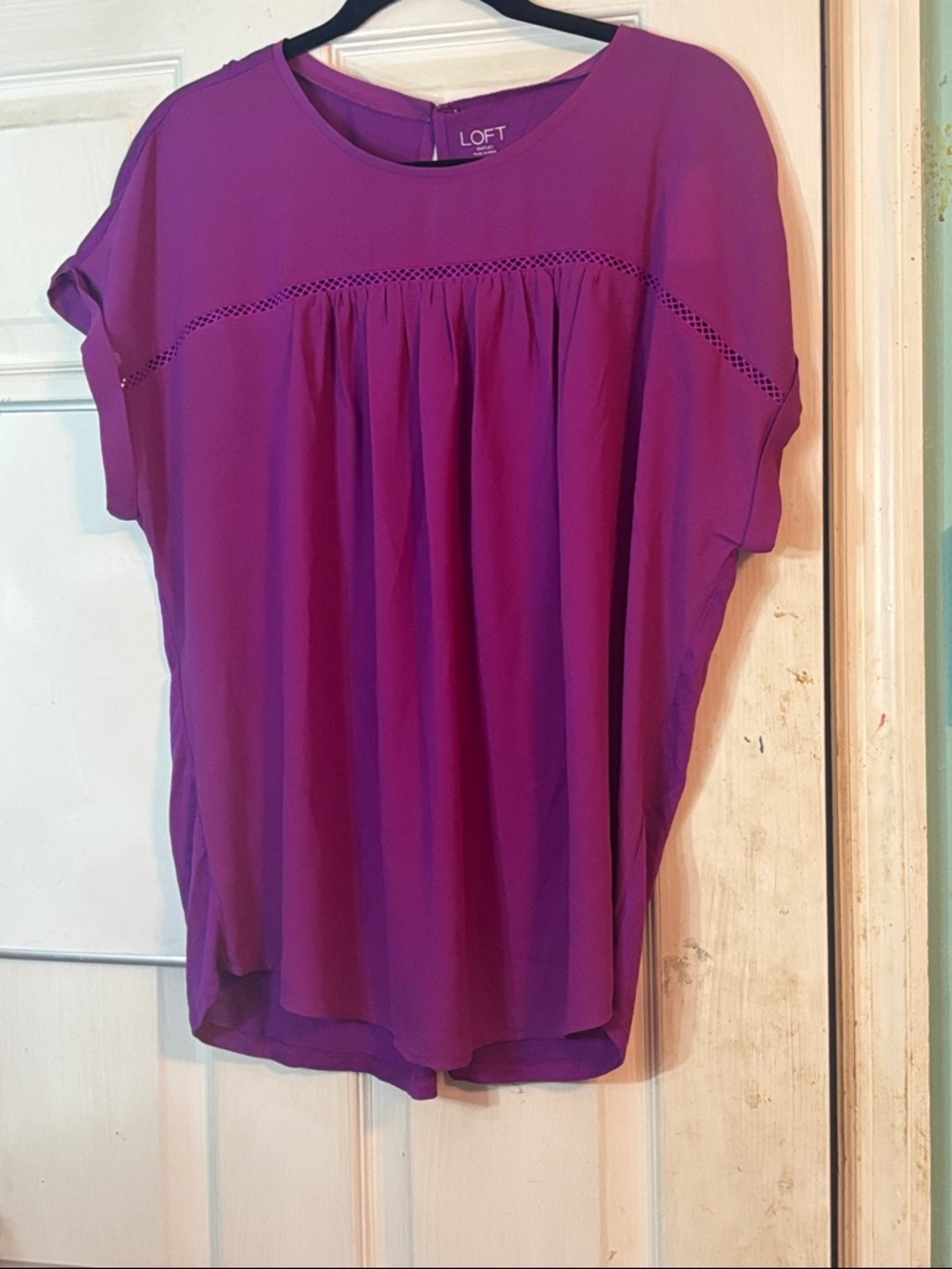 LOFT Women's Purple Pintuck & Lace-Inset Short Sleeve Blouse Size Large